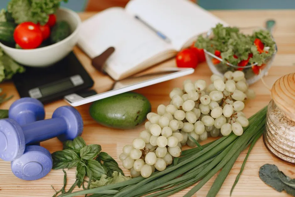 Caderno de anotações ao lado de alimentos frescos, sobre a mesa